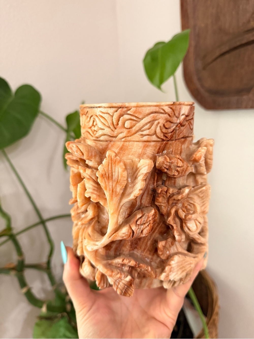 Vintage Hand-Carved Pink Stone Floral Bird Vase Brush Pot Heavy 6”